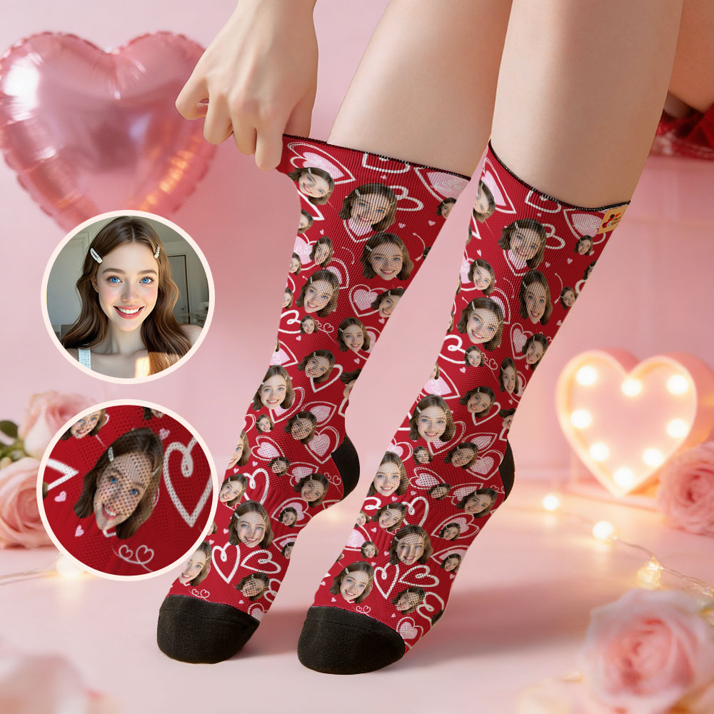 Custom White Heart Face Socks Personalized Photo Socks Cute Valentine’s Day Gift for Him or Her - MyFaceSocksAU