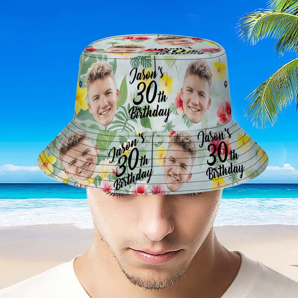Custom Face Birthday Bucket Hat Unisex Face Personalized Outdoor Summer Age and Birthday Hawaiian Hats Gift - MyFaceSocksAU