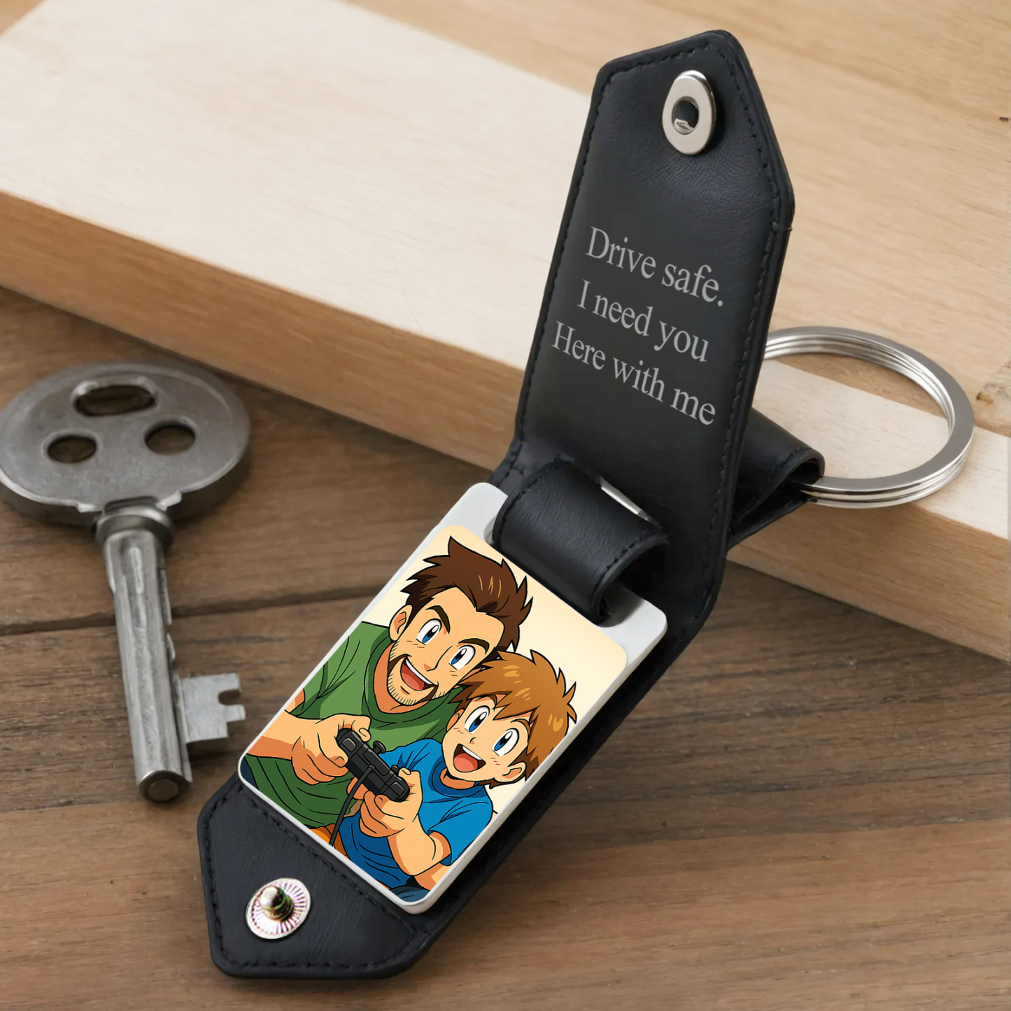 Custom Leather Dad Cartoon Poke Photo Keychain Personalized Engraved Text Commemorative Keychain Fathers Day Gifts - MyFaceSocksAU