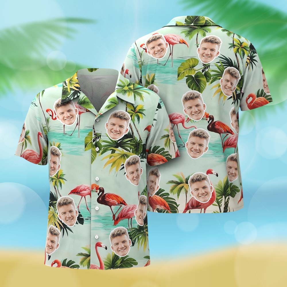 Personalized Women Green Leaves Flamingo Face Hawaiian Shirt  Face Couple Shirt Anniversary Gift For Couple - MyFaceSocksAU