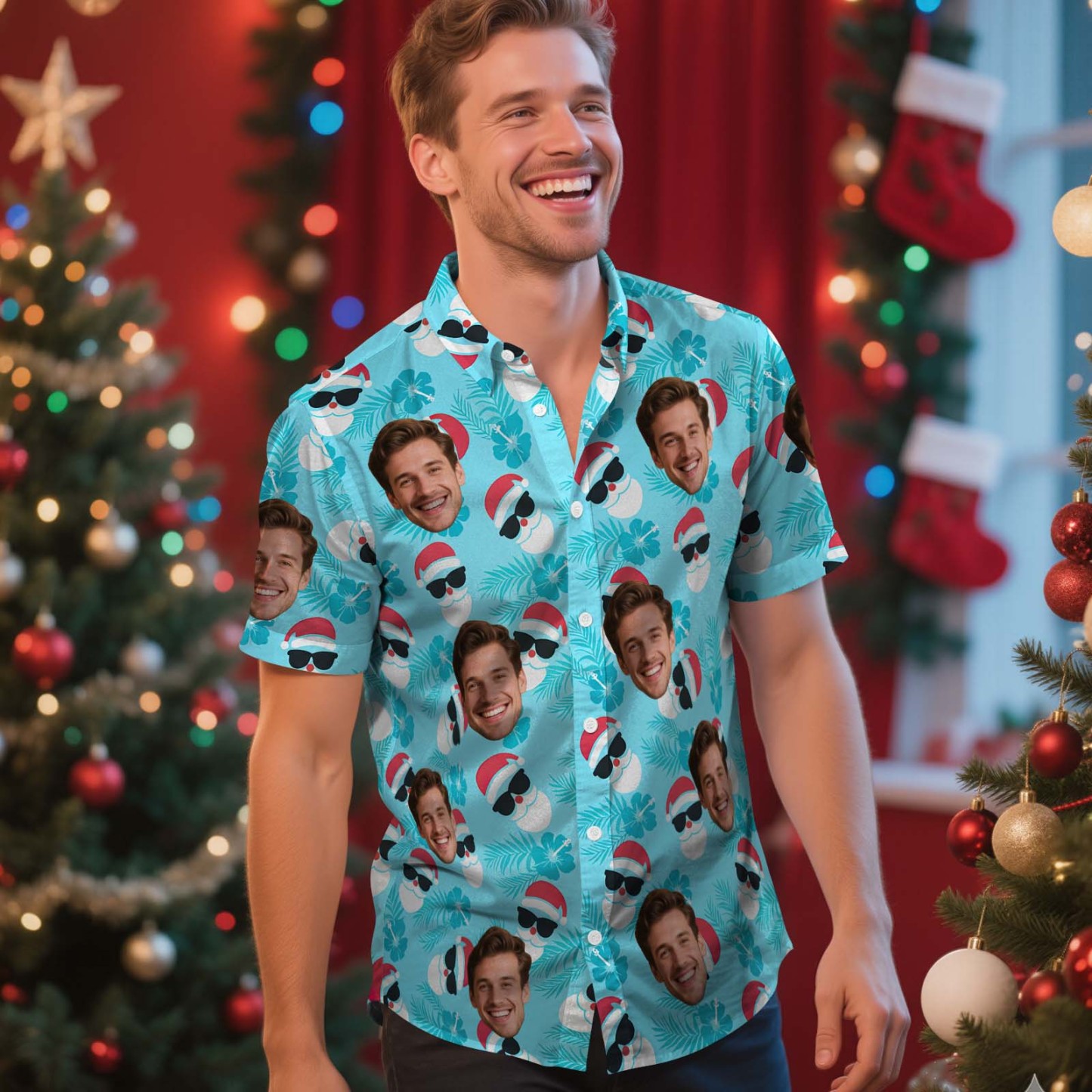 Custom Face Christmas Shirt Green Christmas Ball Hawaiian Shirt Xmas Gift for Family Friends Personalized Face Hawaiian Shirt Gift - MyFaceSocksAU