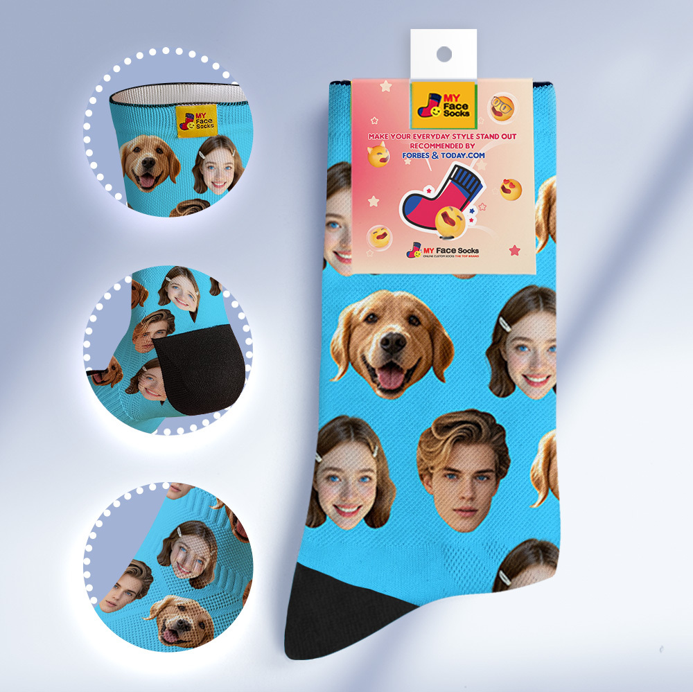 Custom Face Socks Personalized Socks with Faces Photo Blue Funny Gift Photo Family Socks - MyFaceSocksAU