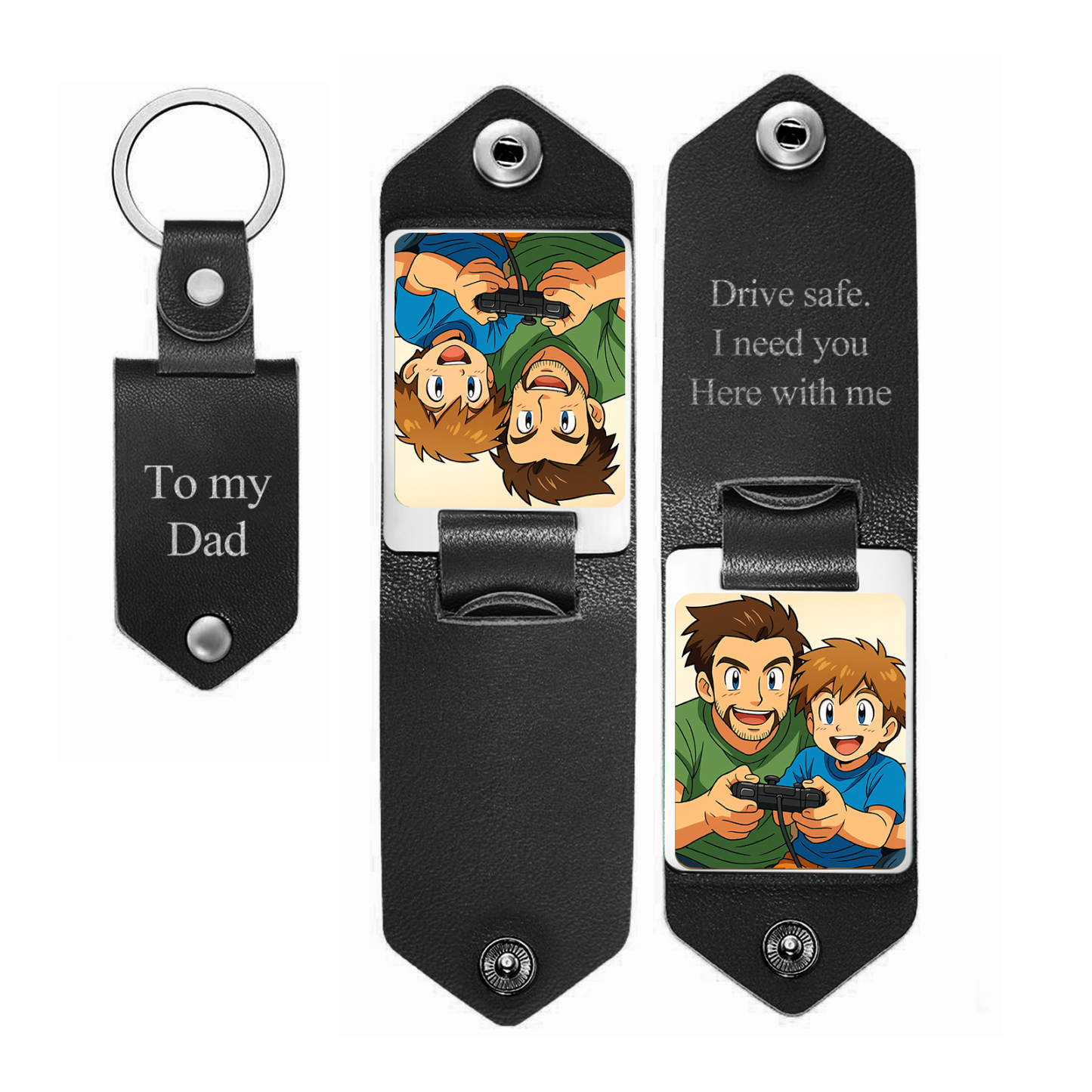 Custom Leather Dad Cartoon Poke Photo Keychain Personalized Engraved Text Commemorative Keychain Fathers Day Gifts - MyFaceSocksAU