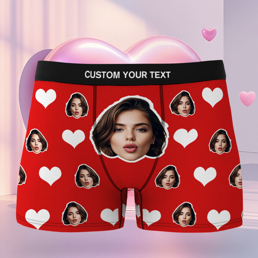 Custom Men's Face Boxer Red Heart Boxers Face Boxer Briefs Personalized Face Boxer Briefs Valentine's Day Underwear Gift - MyFaceSocksAU