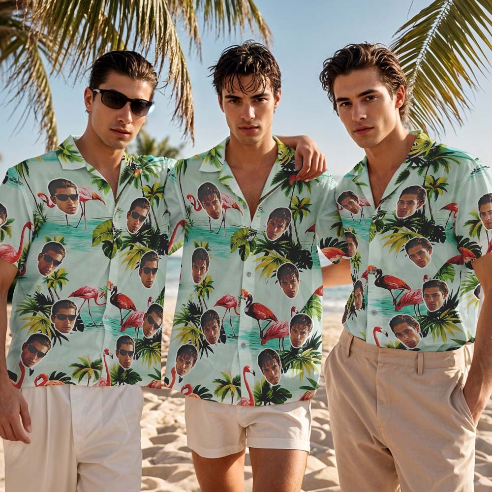 Personalized Women Green Leaves Flamingo Face Hawaiian Shirt  Face Couple Shirt Anniversary Gift For Couple - MyFaceSocksAU