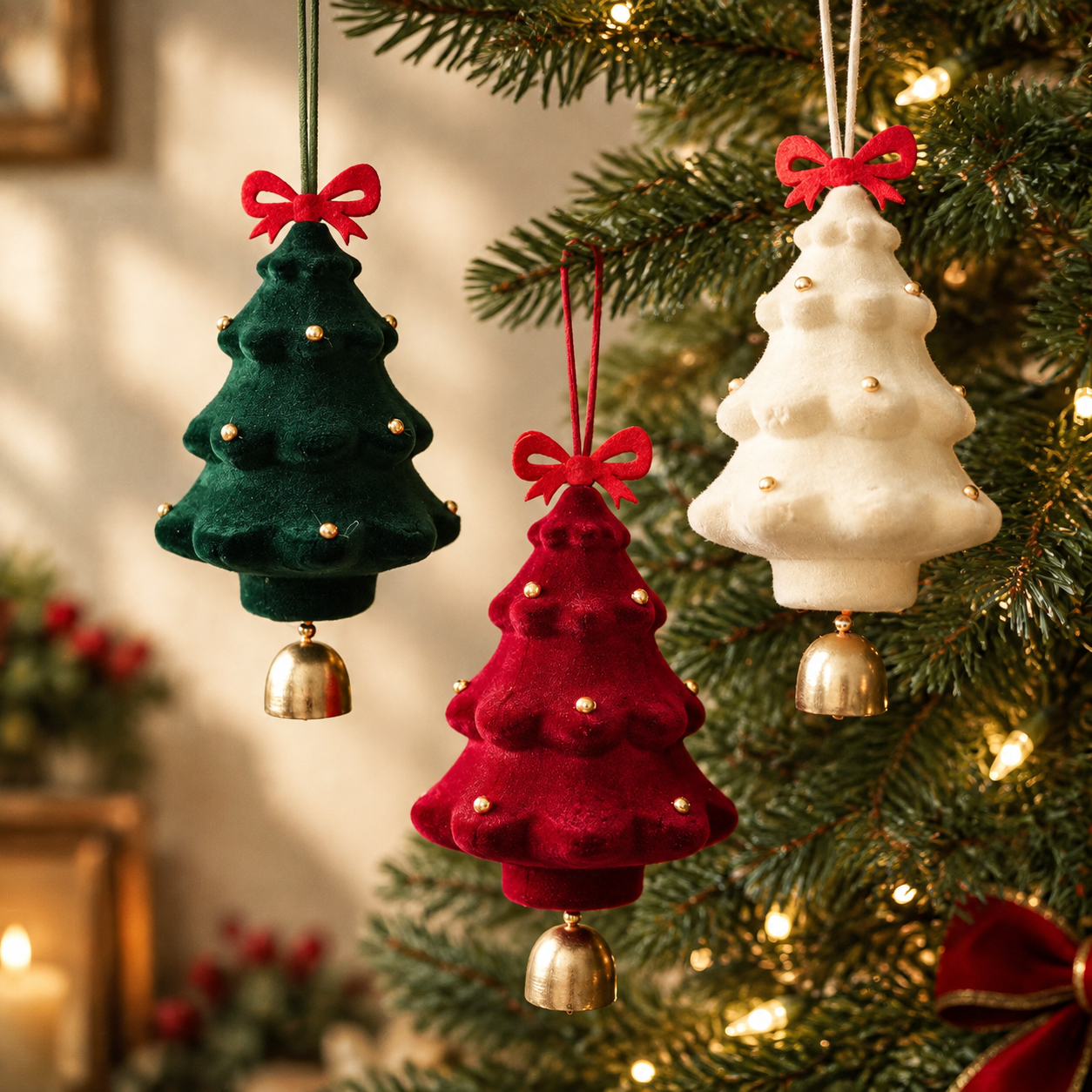 Flocked Christmas Tree Bell Ornament – Festive Hanging Decor for Gift Giving, Home & Tree Decoration - MyFaceSocksAU