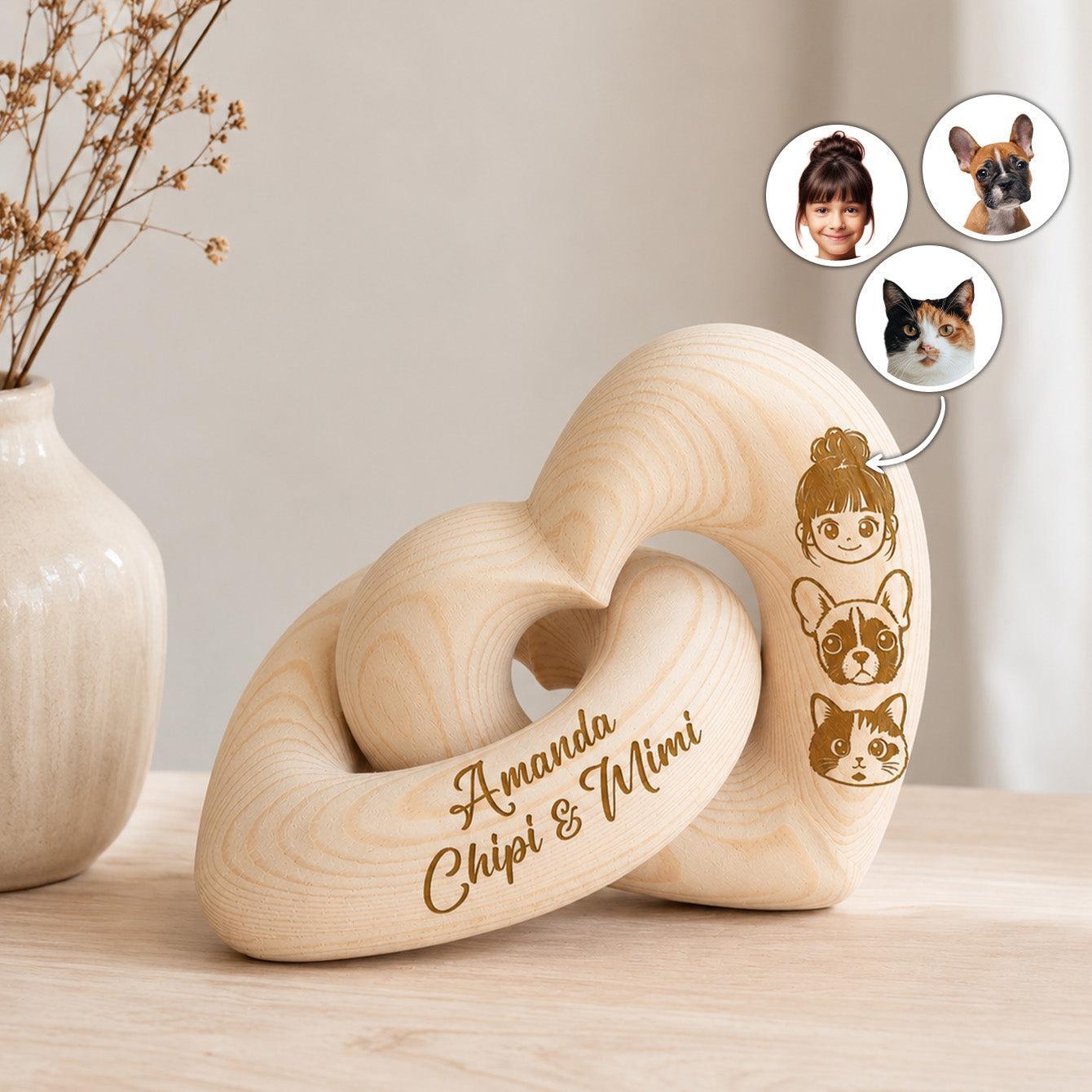Custom Photo Cartoon Line Art - Personalized Wooden Heart Sculpture - Special Gift For Family Members, Pet Lover, Couple - MyFaceSocksAU