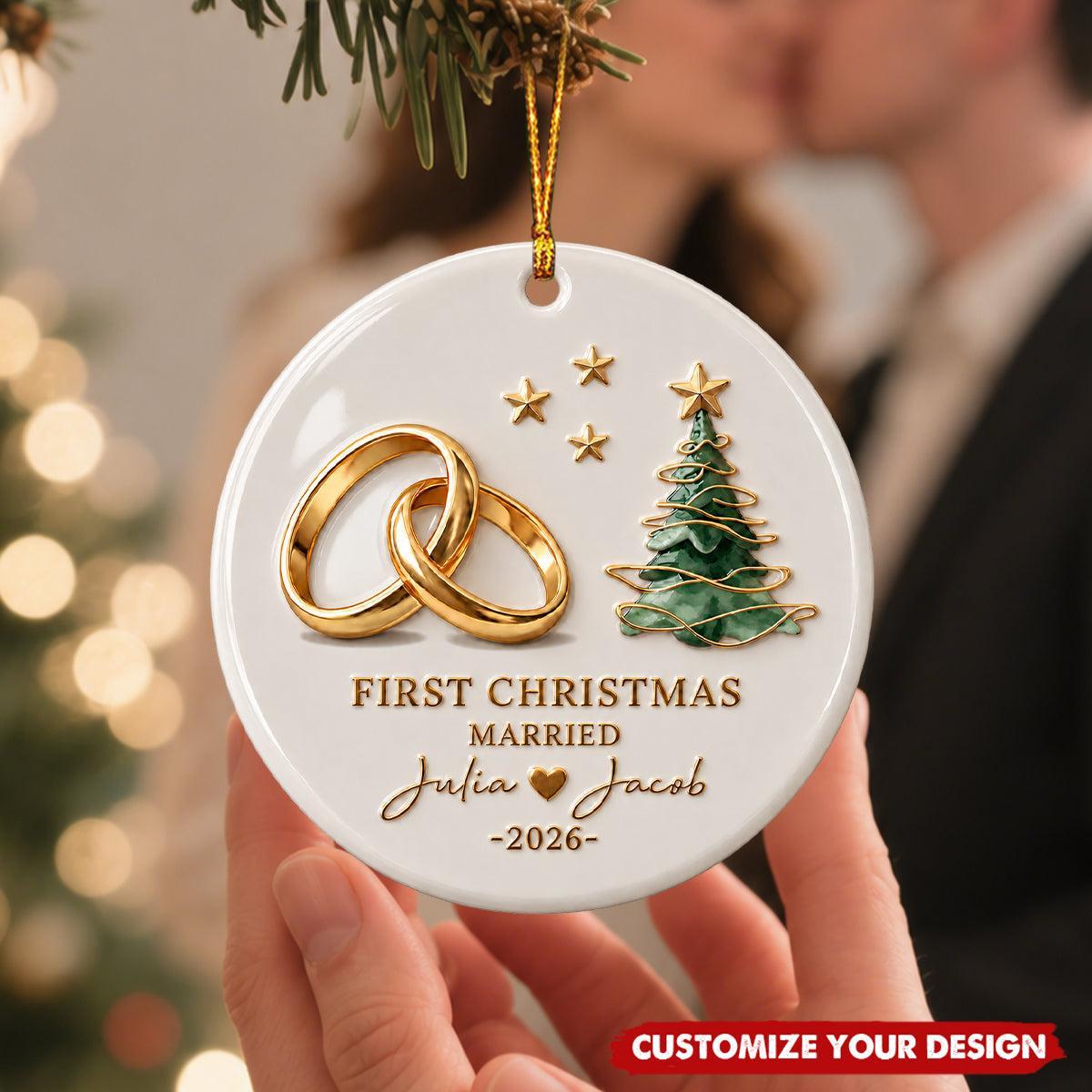 Personalized First Christmas Married Ornament for Newlyweds – Custom Name & Year Ceramic Tree Decoration Gift - MyFaceSocksAU