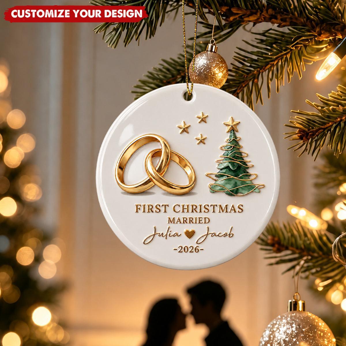 Personalized First Christmas Married Ornament for Newlyweds – Custom Name & Year Ceramic Tree Decoration Gift - MyFaceSocksAU