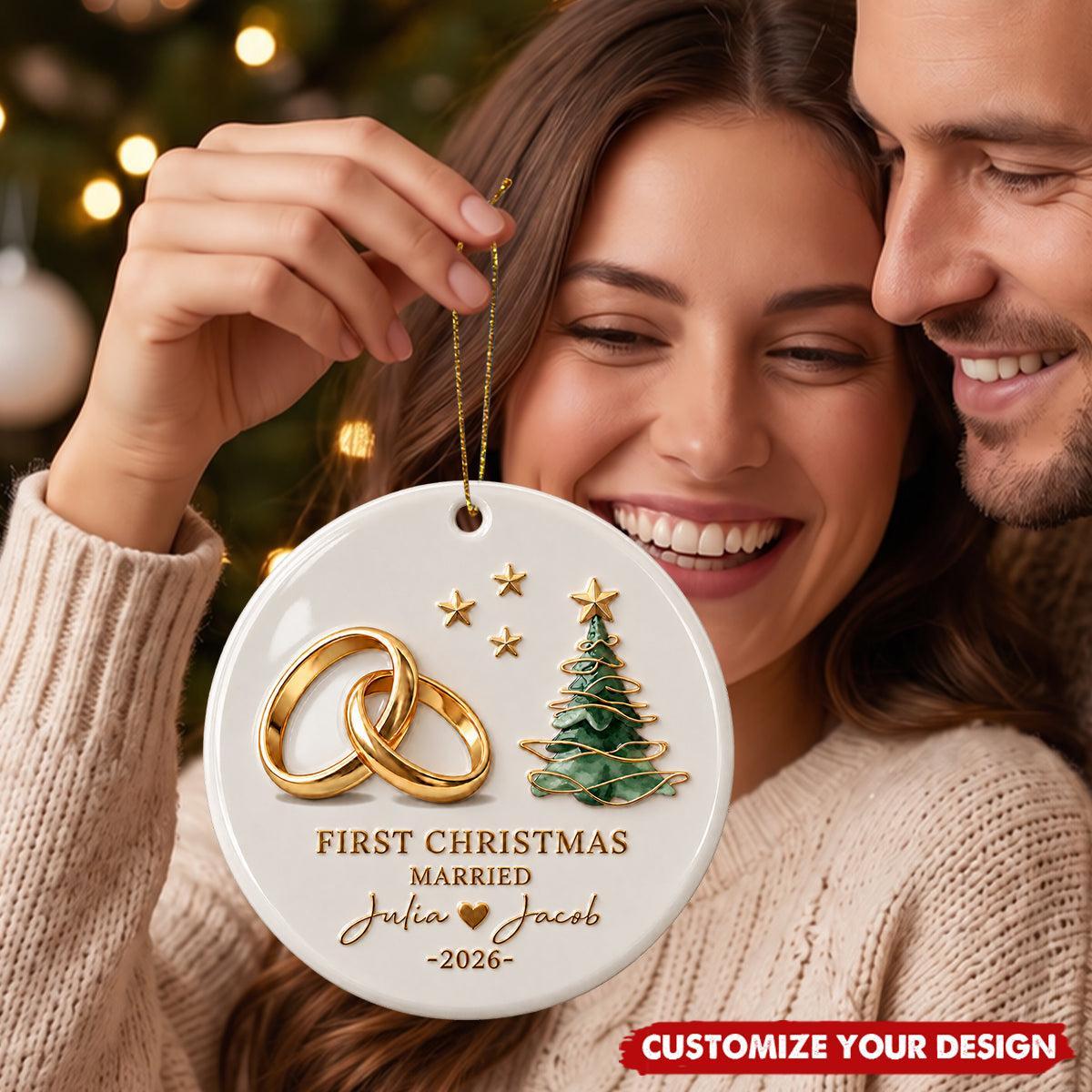 Personalized First Christmas Married Ornament for Newlyweds – Custom Name & Year Ceramic Tree Decoration Gift - MyFaceSocksAU
