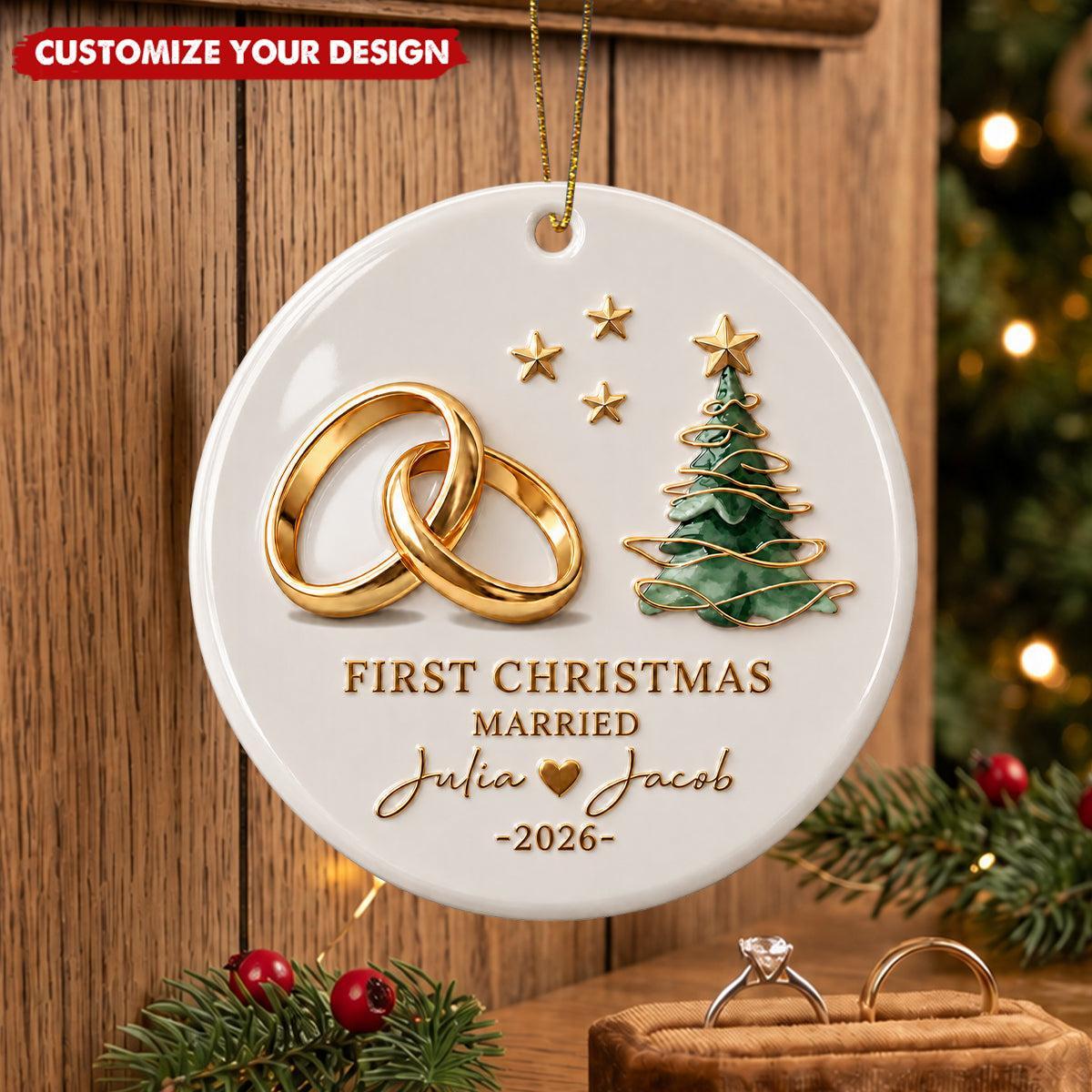 Personalized First Christmas Married Ornament for Newlyweds – Custom Name & Year Ceramic Tree Decoration Gift - MyFaceSocksAU
