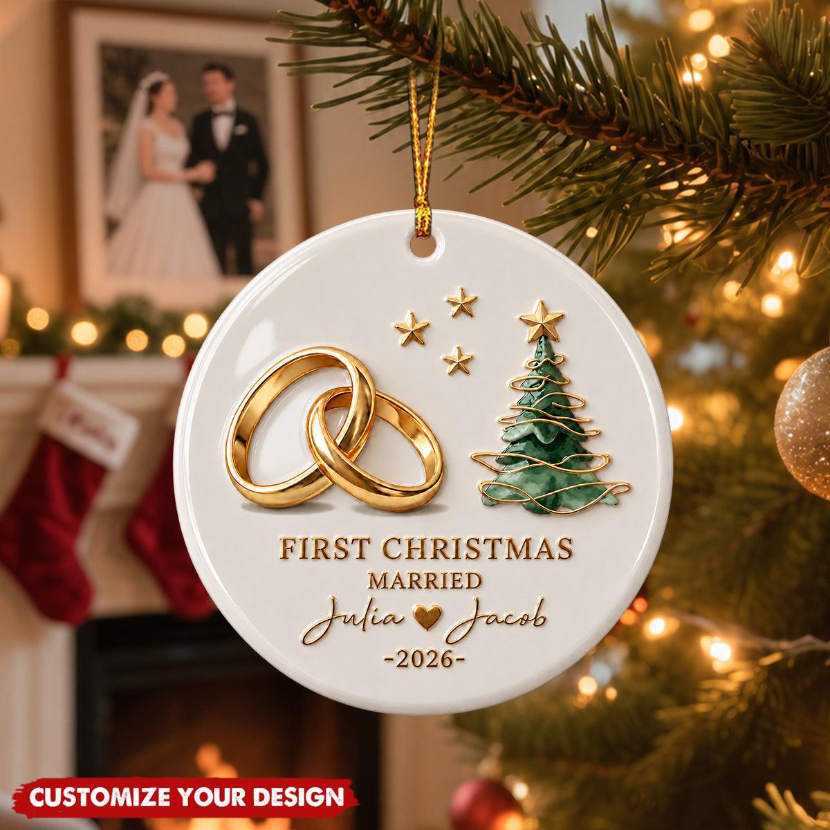 Personalized First Christmas Married Ornament for Newlyweds – Custom Name & Year Ceramic Tree Decoration Gift - MyFaceSocksAU