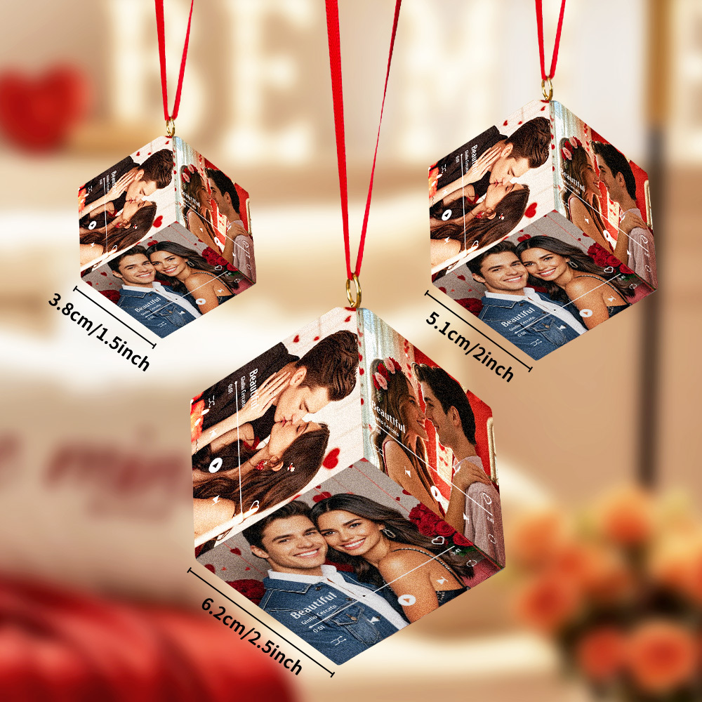 Custom Photo and Music Cube Ornament Couple Personalized Wooden Cube Ornament Valentine Gift For Husband Wife - MyFaceSocksAU