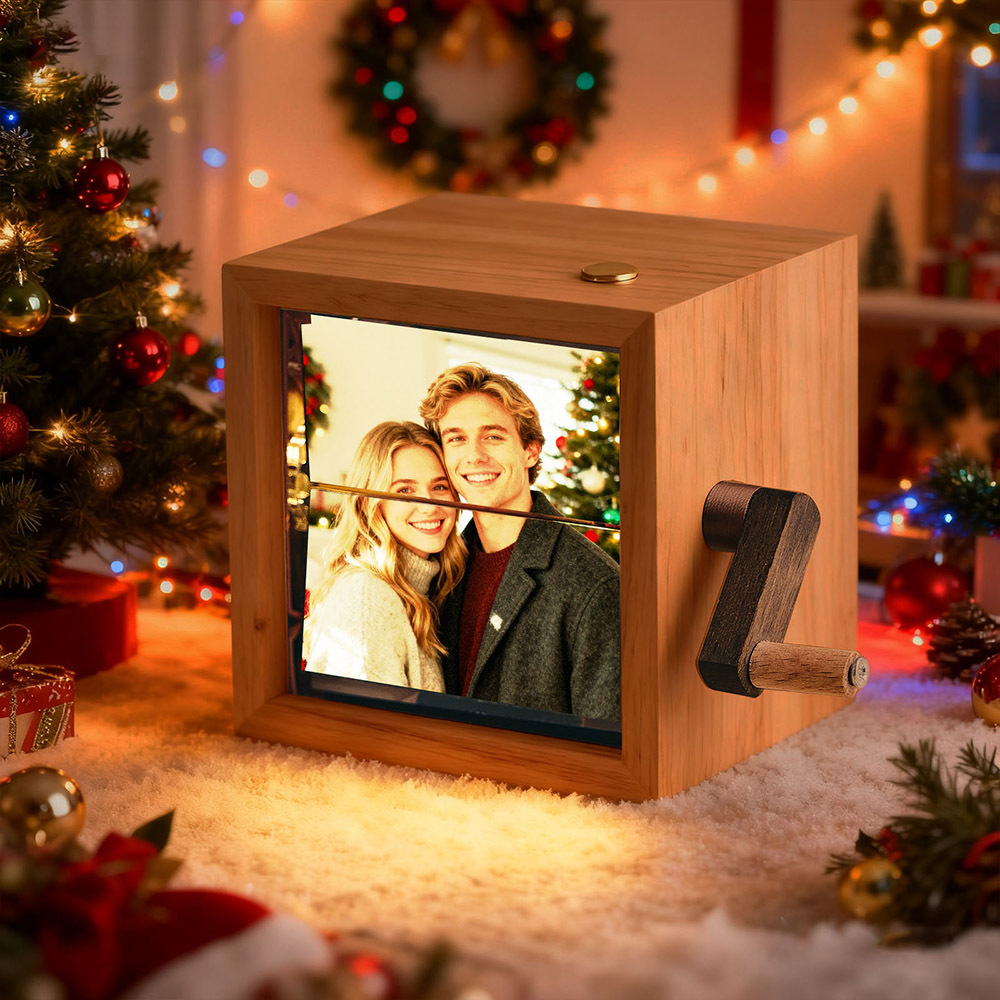 Christmas Gift Personalized Photo Flipbook Frame Animation Machine Mechanical Hand-cranked Flipbook Box Photo Album with Light Black Walnut Anniversary Gifts Idea