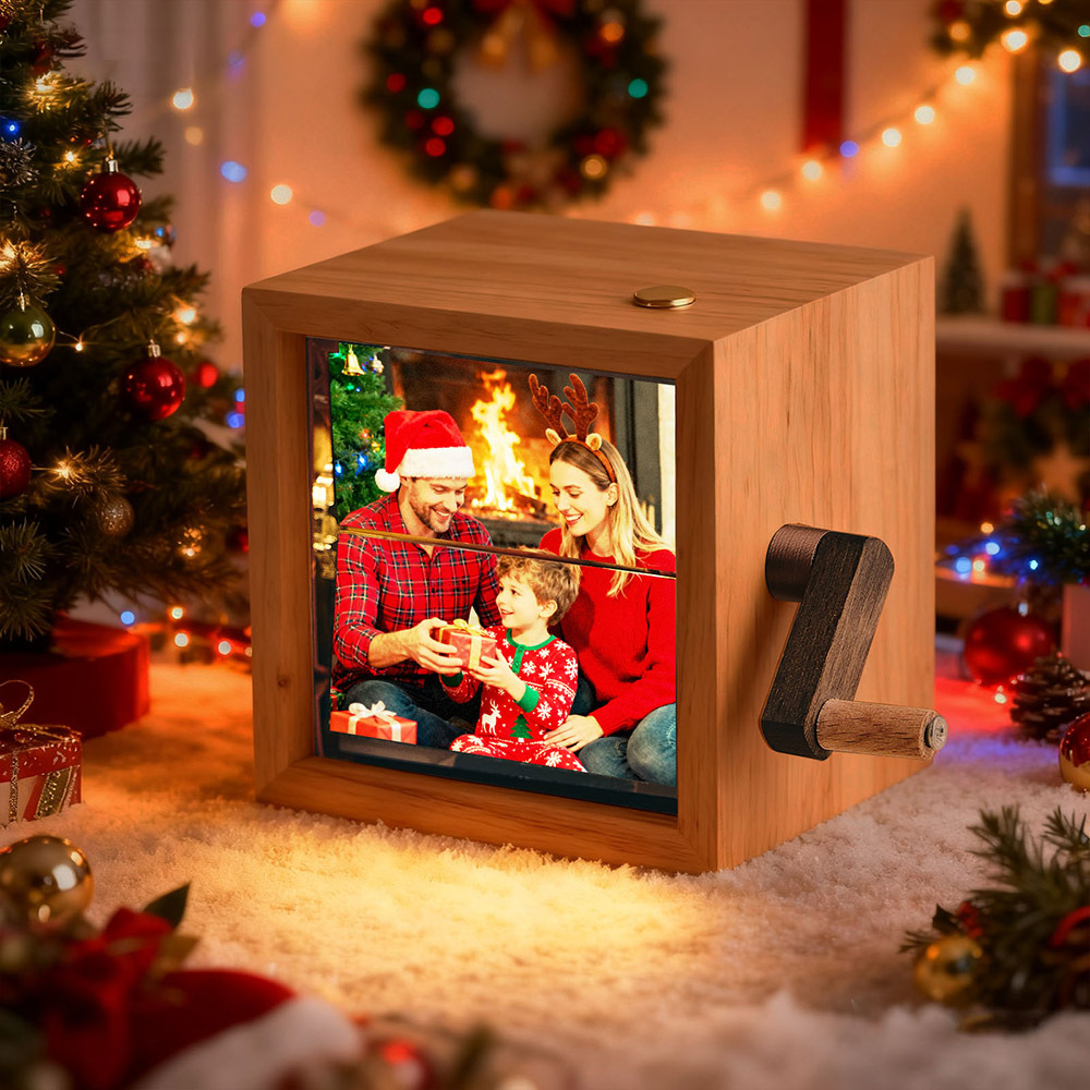 Christmas Gift Personalized Photo Flipbook Frame Animation Machine Mechanical Hand-cranked Flipbook Box Photo Album with Light Black Walnut Anniversary Gifts Idea
