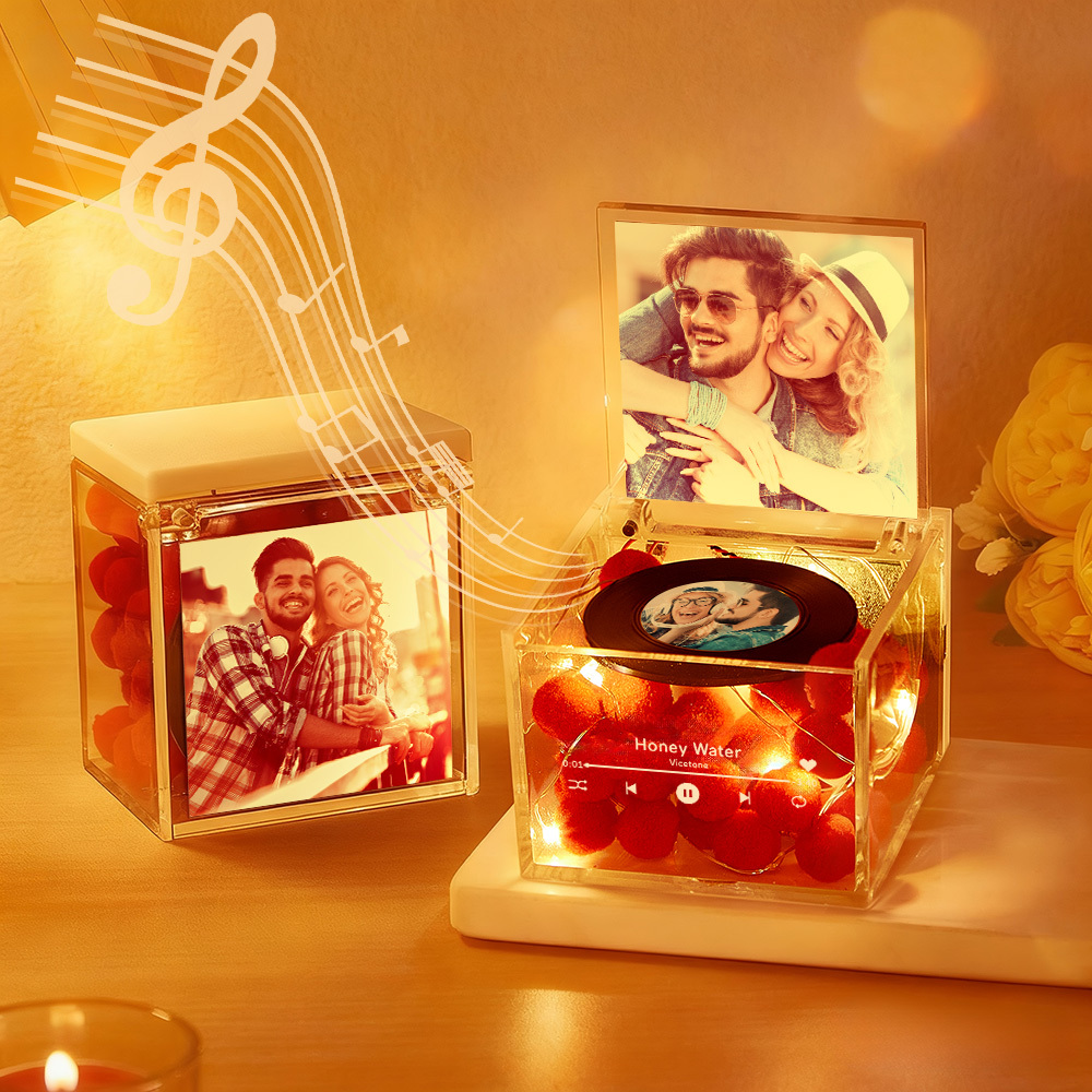 Premium Mini Music Record Auto-Music Player Custom Photo with Light Personalized Music Acrylic Box - MyFaceSocksAU