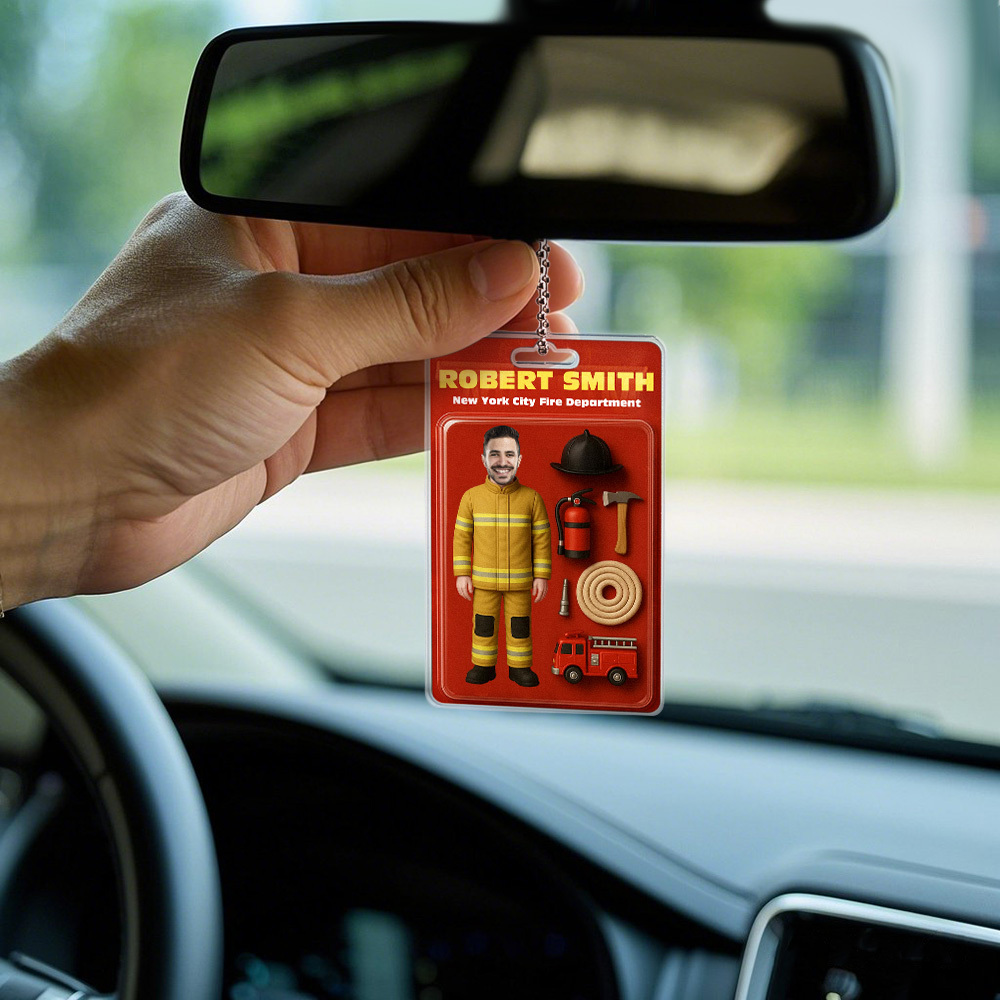 Custom 3D Effect Action Figure Customizable Head Packaging Toy Box Style Art Gift Personalized Acrylic Car Hanger Gift for Firefighter-MyFaceSocksAu