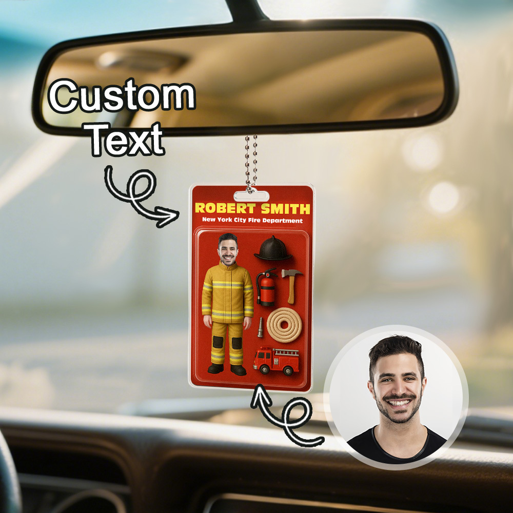 Custom 3D Effect Action Figure Customizable Head Packaging Toy Box Style Art Gift Personalized Acrylic Car Hanger Gift for Firefighter-MyFaceSocksAu
