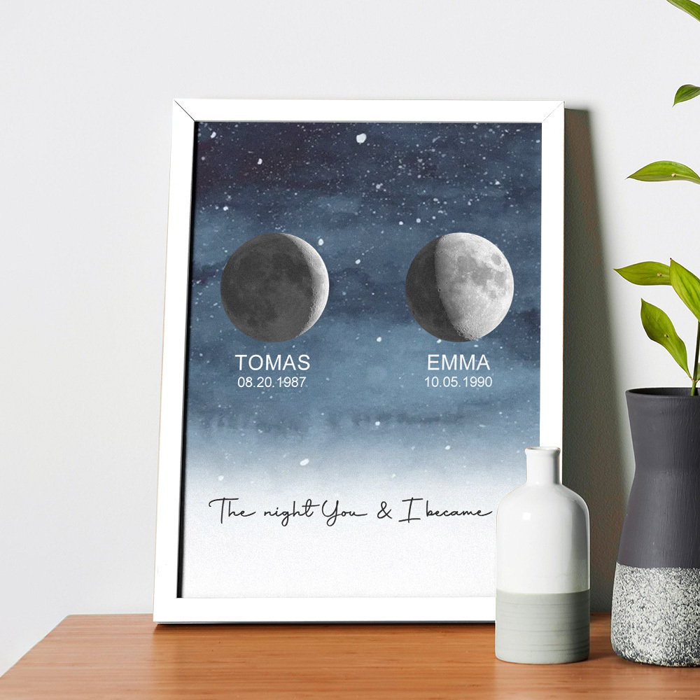 Custom Moon Phase Print Frame Personalized Moon Phase Wooden Frame Ornaments Anniversary Gifts for Her Him - MyFaceSocksAU