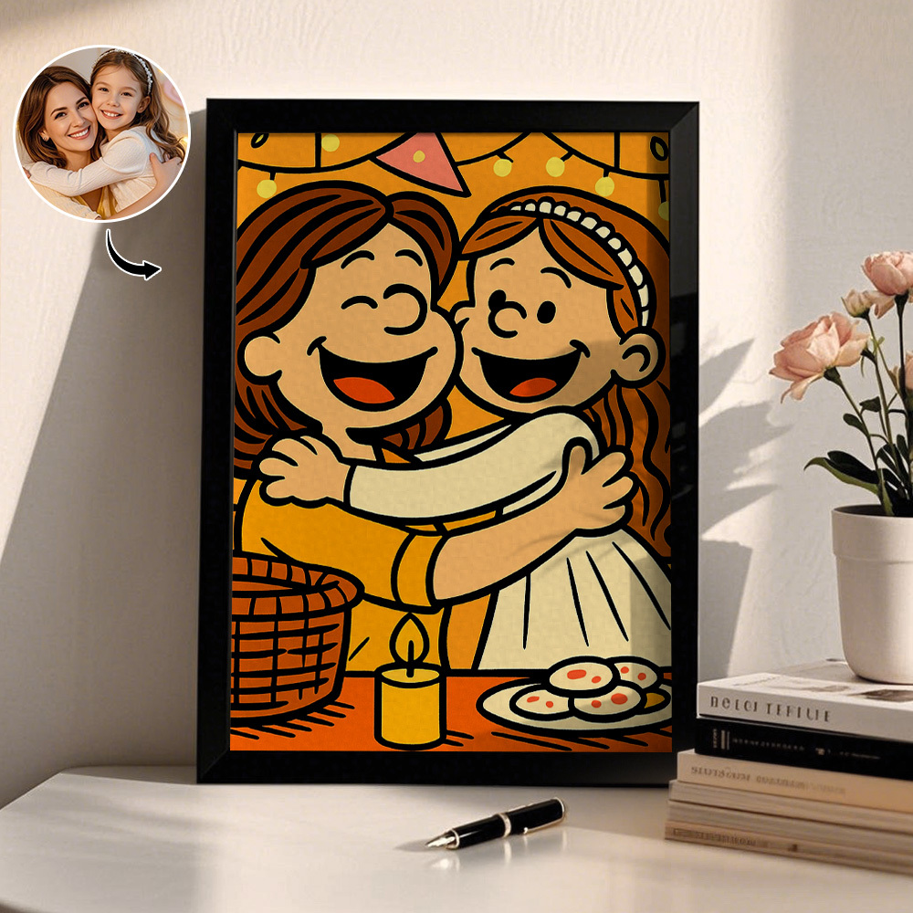 Custom Cartoon Photo Wooden Frame Decorations Romantic Decor Plaque Gifts for Family - MyFaceSocksAU