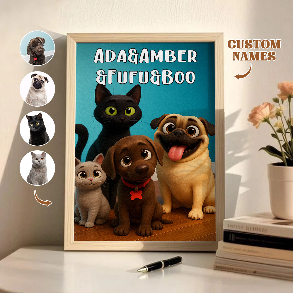Custom Pets Photo Cartoon Wooden Frame Decorations Cute Pet Decor Plaque Gifts 3 PETS - MyFaceSocksAU