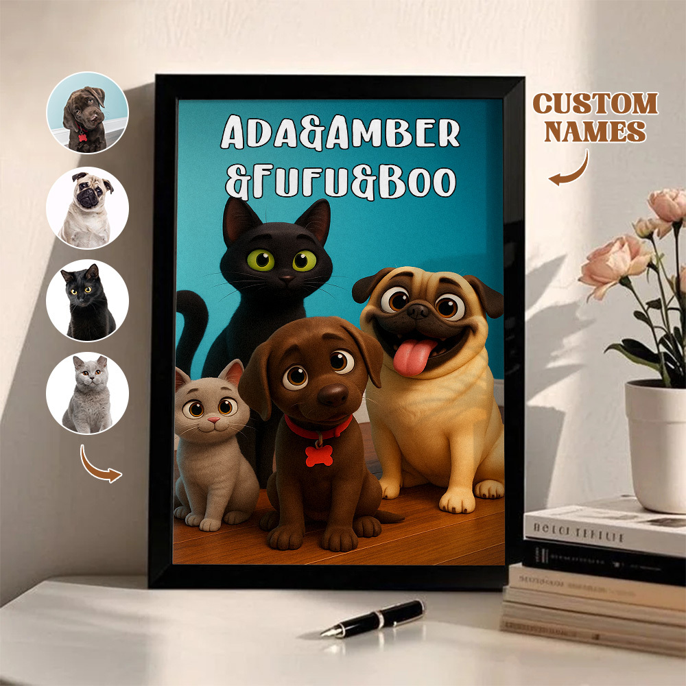 Custom Pets Photo Cartoon Wooden Frame Decorations Cute Pet Decor Plaque Gifts 3 PETS - MyFaceSocksAU