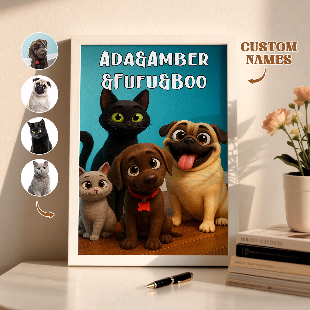 Custom Pets Photo Cartoon Wooden Frame Decorations Cute Pet Decor Plaque Gifts 3 PETS - MyFaceSocksAU