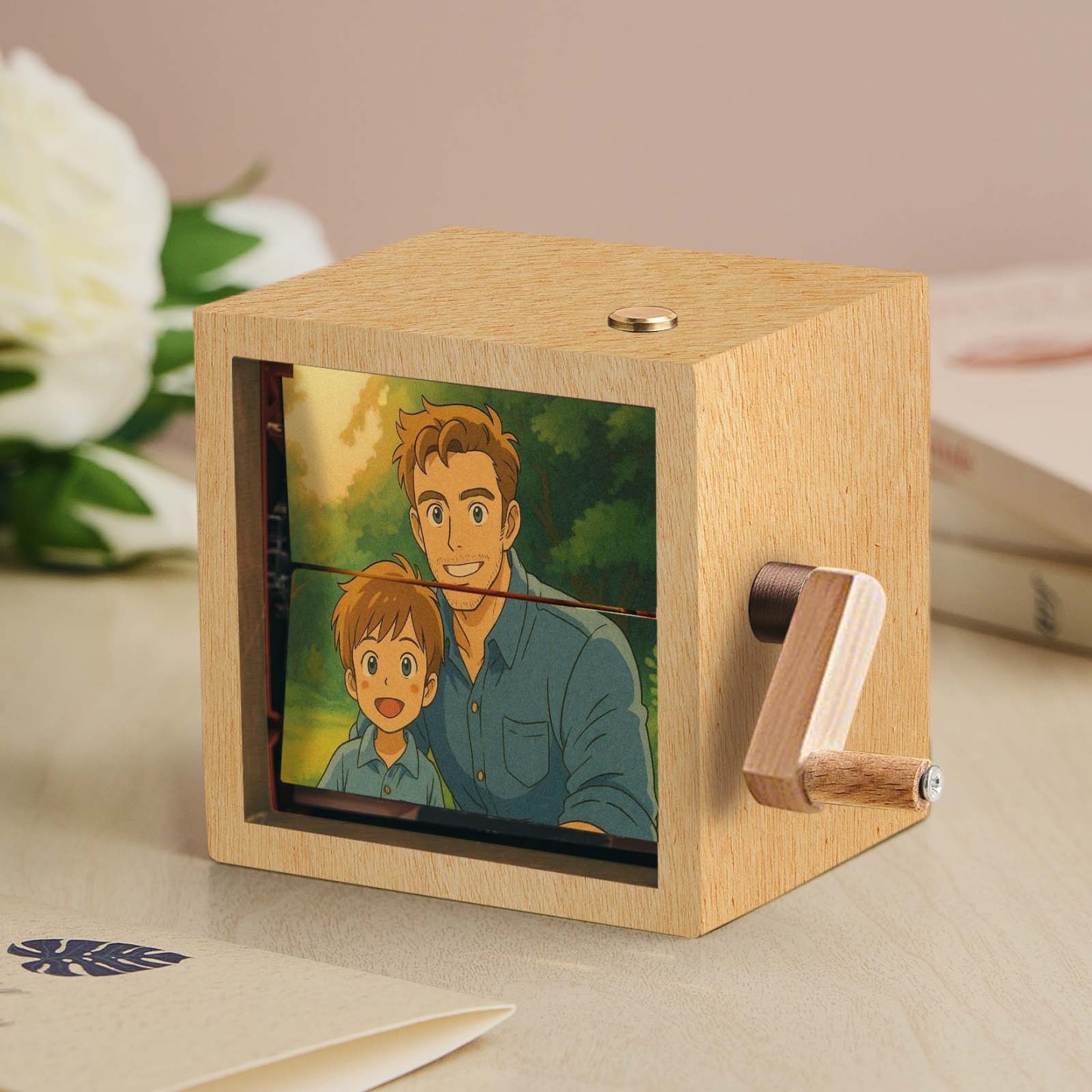 Custom Anime Hand-Crank Flipbook Box Mechanical Hand-cranked Photo Album with Light Walnut Baby Photo Cube Frame Creative Gift - MyFaceSocksAU