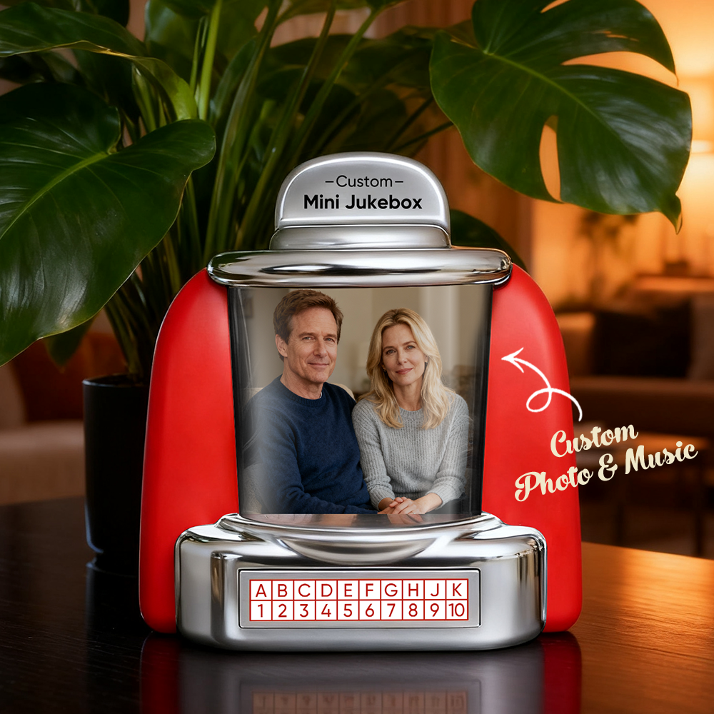 Custom Mini Jukebox Retro Speaker – Personalized Photo,Names & Date Music Mini Player with Radio | Vintage Tabletop Home Decor Nostalgic Christmas Retro Gifts - MyFaceSocksAU