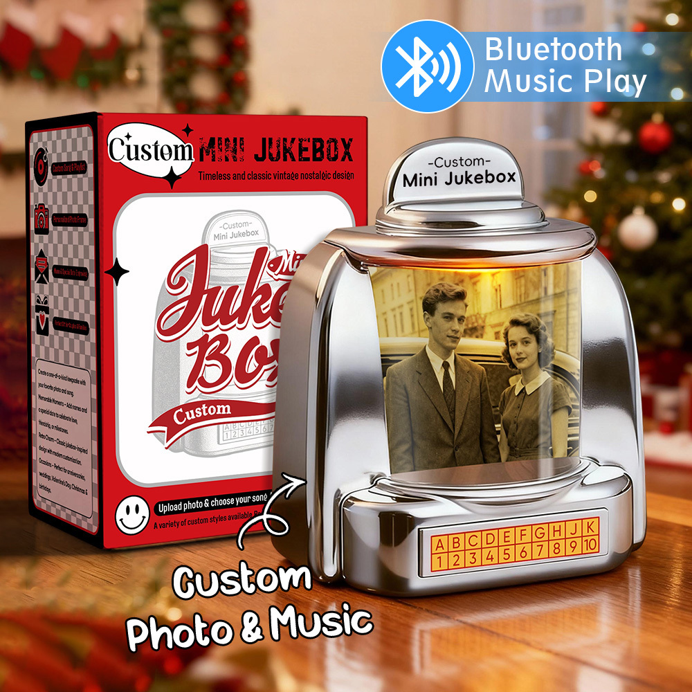 Custom Mini Jukebox Retro Speaker – Personalized Photo,Names & Date Music Mini Player with Bluetooth Music Radio | Vintage Tabletop Home Decor Nostalgic Gift - MyFaceSocksAU