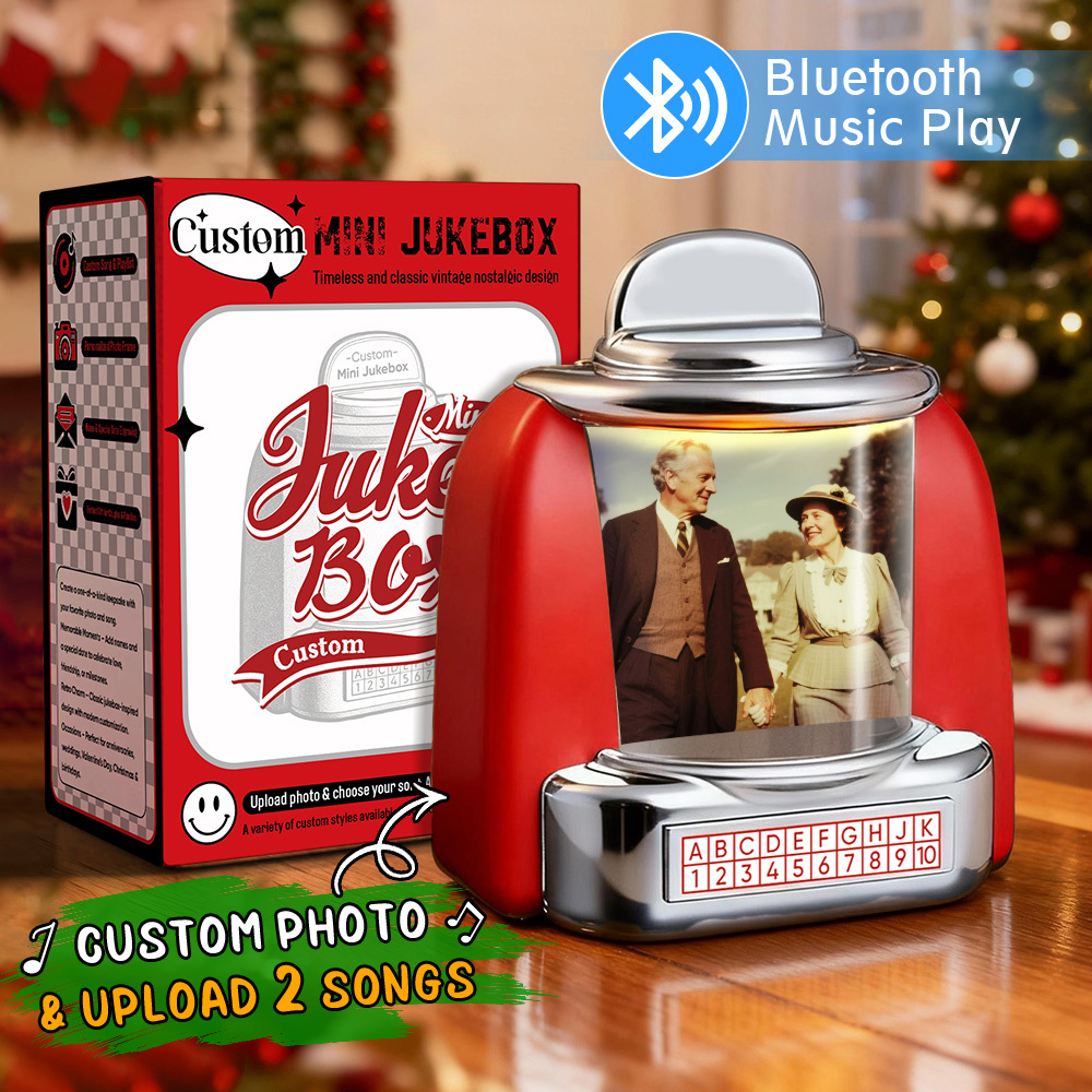 Custom Mini Jukebox Retro Speaker – Personalized Photo,Names & Date Music Mini Player with Radio | Vintage Tabletop Home Decor Nostalgic Christmas Retro Gifts - MyFaceSocksAU