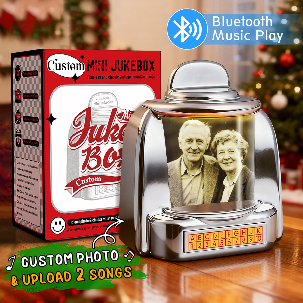 Custom Mini Jukebox Retro Speaker – Personalized Photo,Names & Date Music Mini Player with Radio | Vintage Tabletop Home Decor Nostalgic Christmas Retro Gifts - MyFaceSocksAU