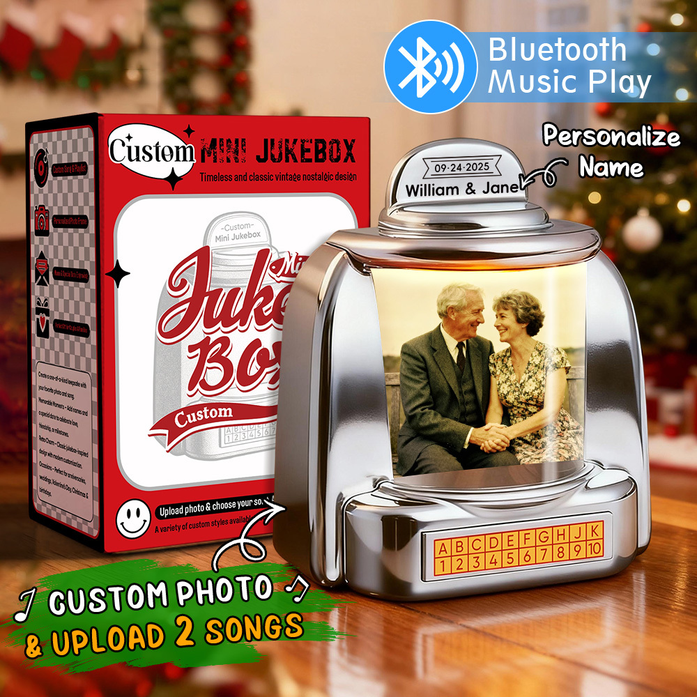 Custom Mini Jukebox Retro Speaker – Personalized Photo,Names & Date Music Mini Player with Radio | Vintage Tabletop Home Decor Nostalgic Christmas Retro Gifts - MyFaceSocksAU
