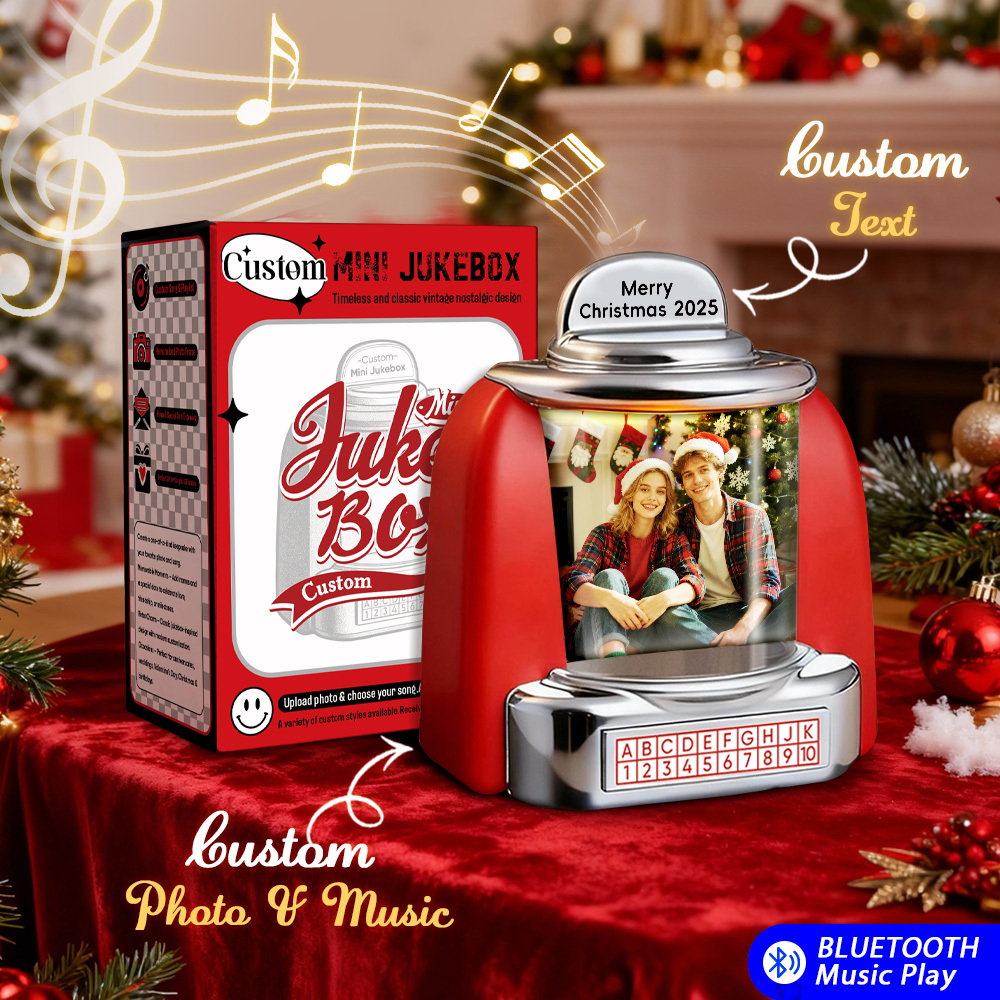Custom Christmas Mini Jukebox Retro Speaker – Personalized Photo,Names & Date Music Mini Player with Radio | Vintage Tabletop Home Decor Nostalgic Christmas Retro Gifts