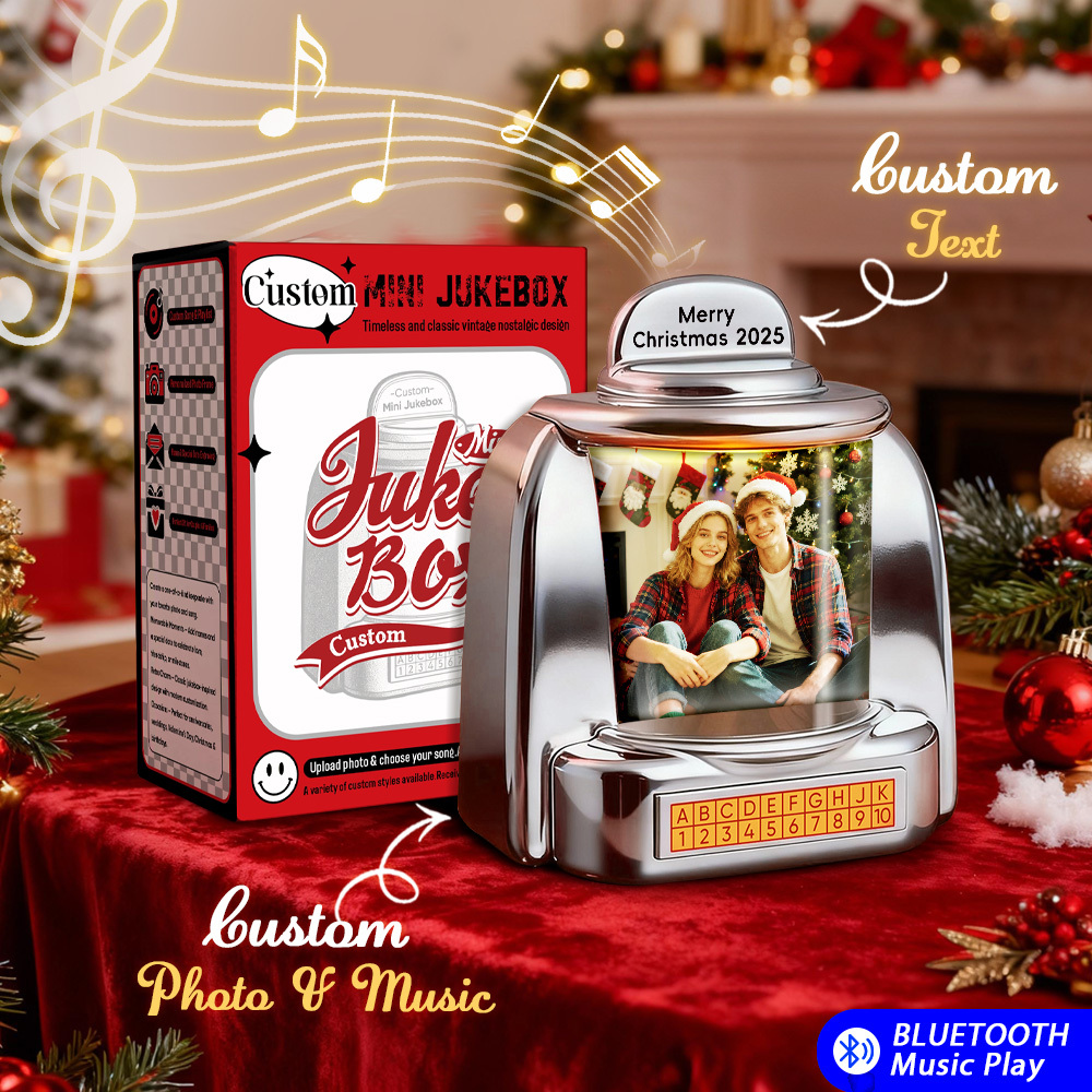 Custom Christmas Mini Jukebox Retro Speaker – Personalized Photo,Names & Date Music Mini Player with Radio | Vintage Tabletop Home Decor Nostalgic Christmas Retro Gifts - MyFaceSocksAU