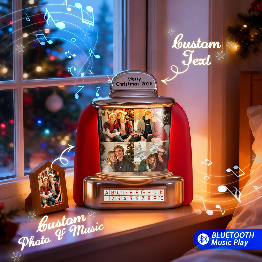 Custom Christmas Mini Jukebox Retro Speaker – Personalized Photo,Names & Date Music Mini Player with Radio | Vintage Tabletop Home Decor Nostalgic Christmas Retro Gifts - MyFaceSocksAU