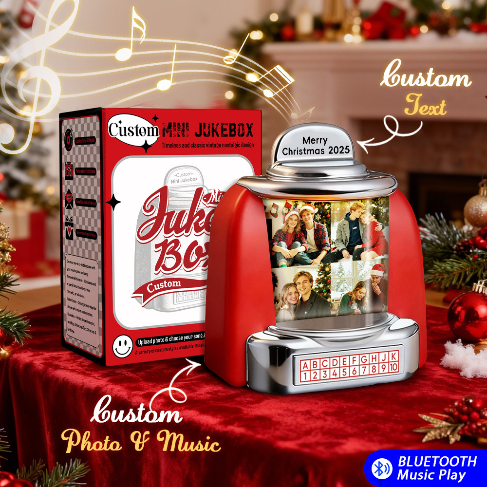 Custom Christmas Mini Jukebox Retro Speaker – Personalized Photo,Names & Date Music Mini Player with Radio | Vintage Tabletop Home Decor Nostalgic Christmas Retro Gifts - MyFaceSocksAU