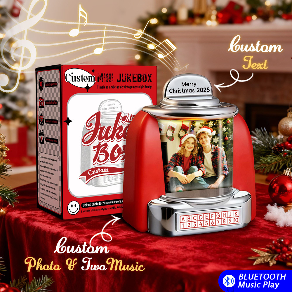 Custom Christmas Mini Jukebox Retro Speaker – Personalized Photo,Names & Date Music Mini Player with Radio | Vintage Tabletop Home Decor Nostalgic Christmas Retro Gifts - MyFaceSocksAU
