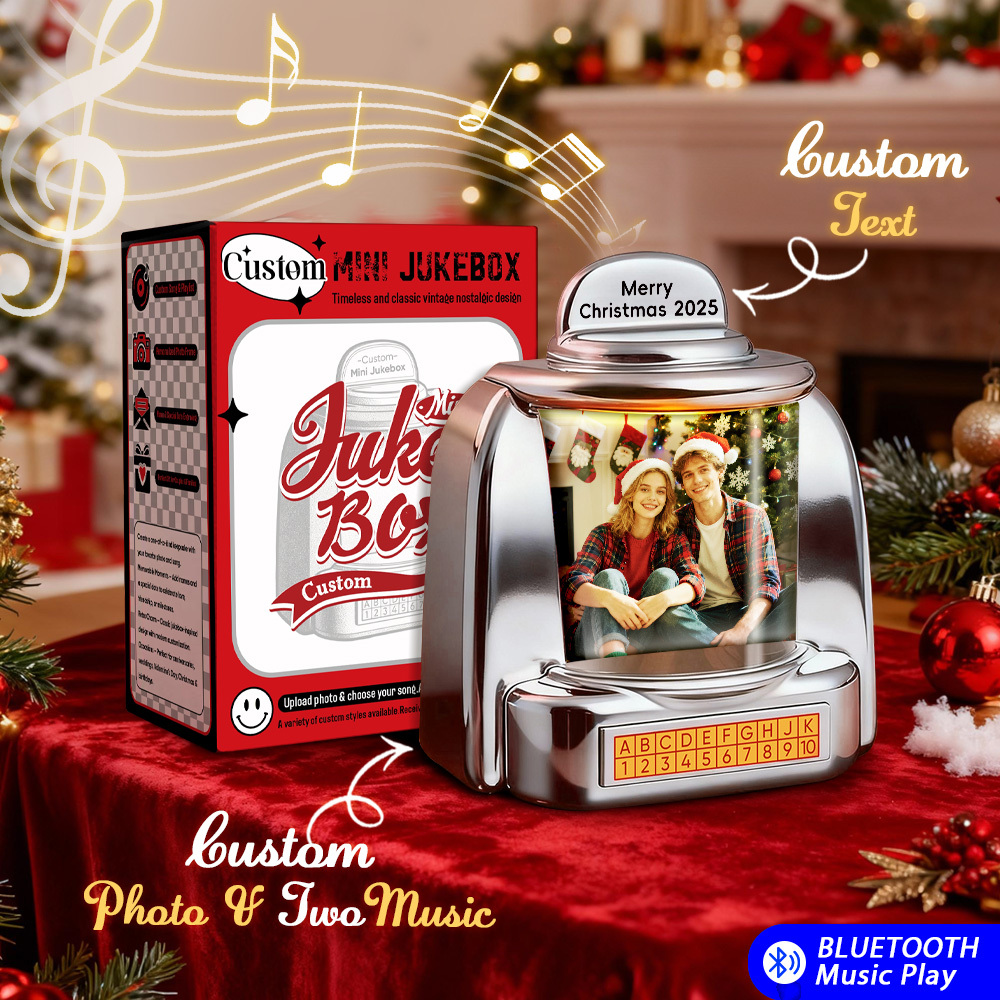 Custom Christmas Mini Jukebox Retro Speaker – Personalized Photo,Names & Date Music Mini Player with Radio | Vintage Tabletop Home Decor Nostalgic Christmas Retro Gifts - MyFaceSocksAU