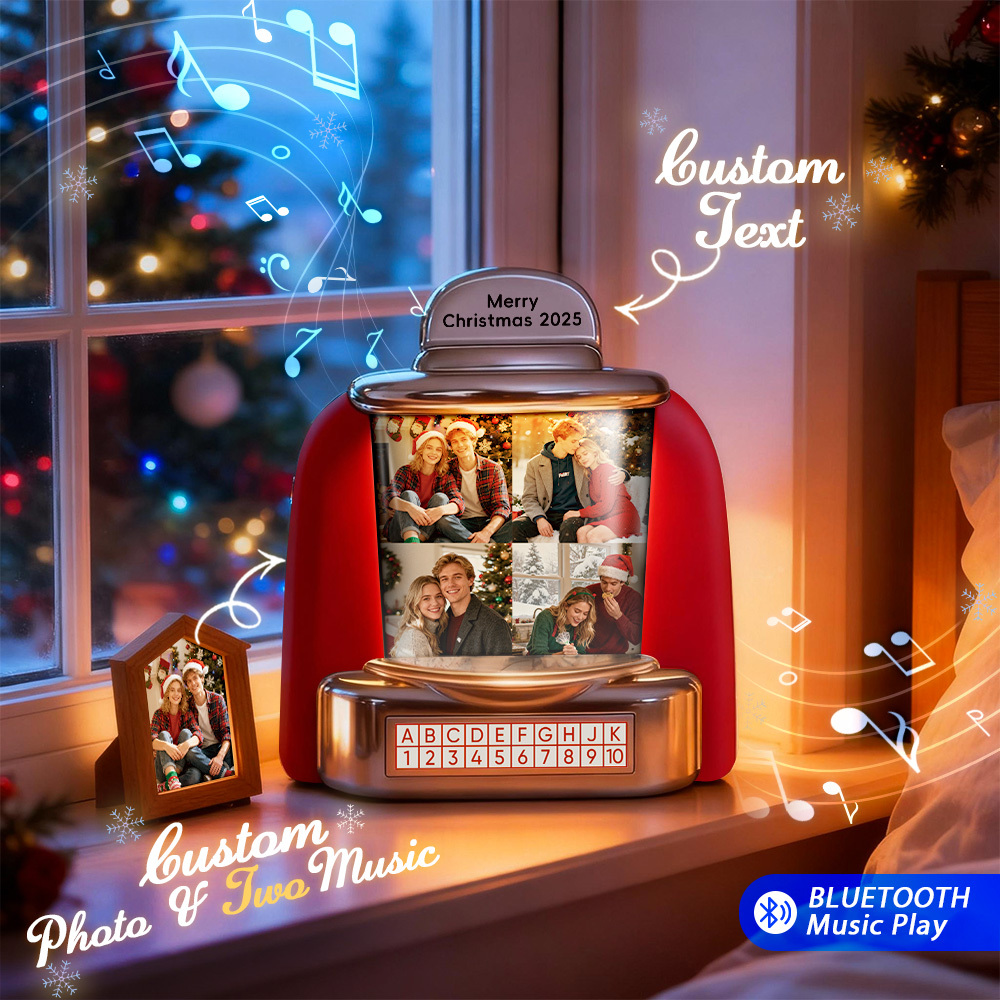Custom Christmas Mini Jukebox Retro Speaker – Personalized Photo,Names & Date Music Mini Player with Radio | Vintage Tabletop Home Decor Nostalgic Christmas Retro Gifts - MyFaceSocksAU