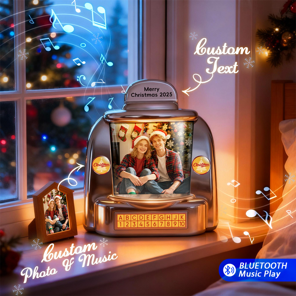 Custom Christmas Mini Jukebox Retro Speaker – Personalized Photo,Names & Date Music Mini Player with Radio | Vintage Tabletop Home Decor Nostalgic Christmas Retro Gifts - MyFaceSocksAU