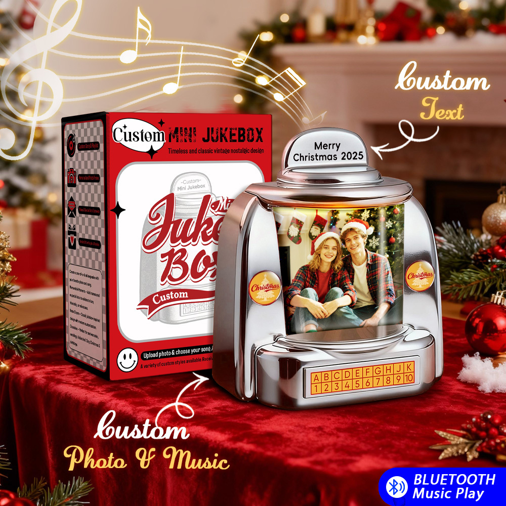Custom Christmas Mini Jukebox Retro Speaker – Personalized Photo,Names & Date Music Mini Player with Radio | Vintage Tabletop Home Decor Nostalgic Christmas Retro Gifts - MyFaceSocksAU