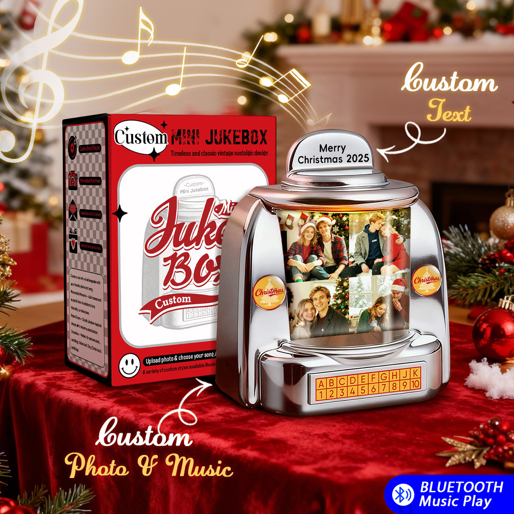 Custom Christmas Mini Jukebox Retro Speaker – Personalized Photo,Names & Date Music Mini Player with Radio | Vintage Tabletop Home Decor Nostalgic Christmas Retro Gifts - MyFaceSocksAU