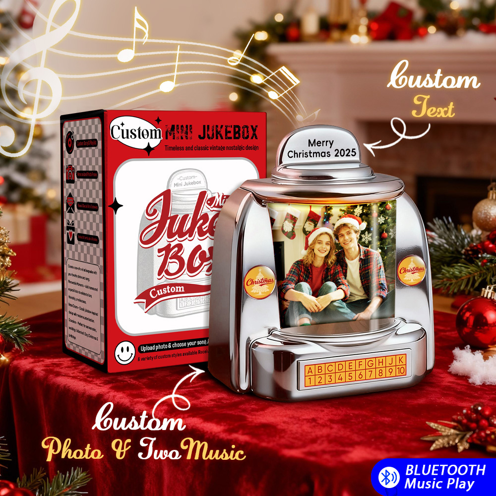 Custom Christmas Mini Jukebox Retro Speaker – Personalized Photo,Names & Date Music Mini Player with Radio | Vintage Tabletop Home Decor Nostalgic Christmas Retro Gifts - MyFaceSocksAU