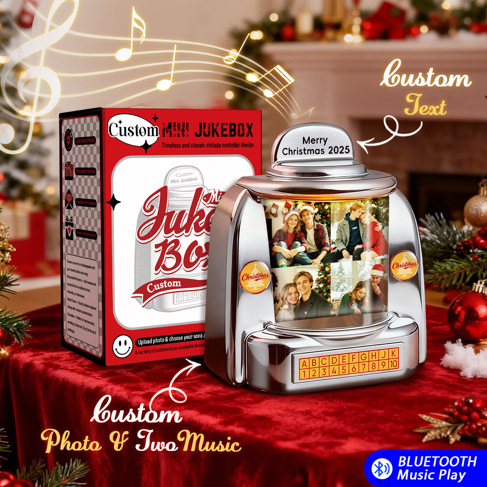 Custom Christmas Mini Jukebox Retro Speaker – Personalized Photo,Names & Date Music Mini Player with Radio | Vintage Tabletop Home Decor Nostalgic Christmas Retro Gifts - MyFaceSocksAU