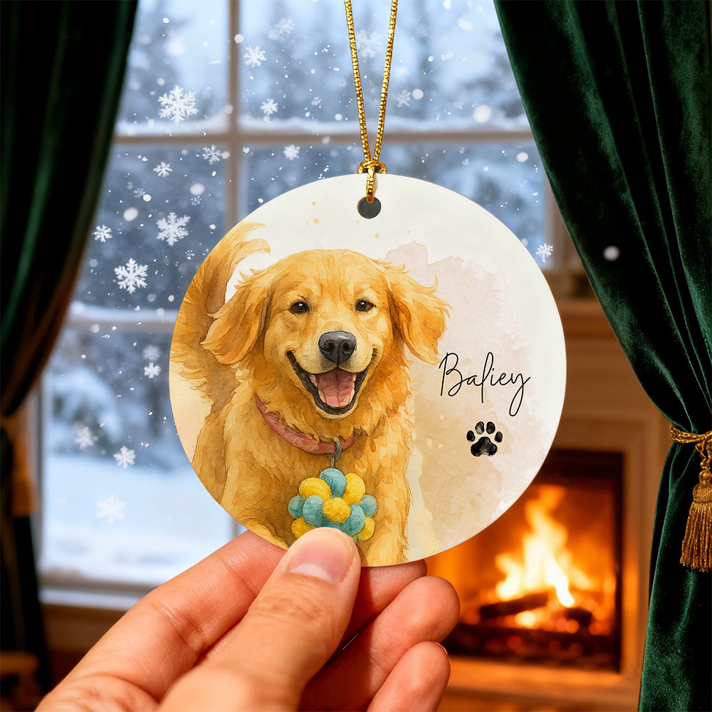 Custom Watercolor Pet Photo Ceramic Ornament Double-Sided Personalized Christmas Pet Ornament Christmas Decoration Gift - MyFaceSocksAU