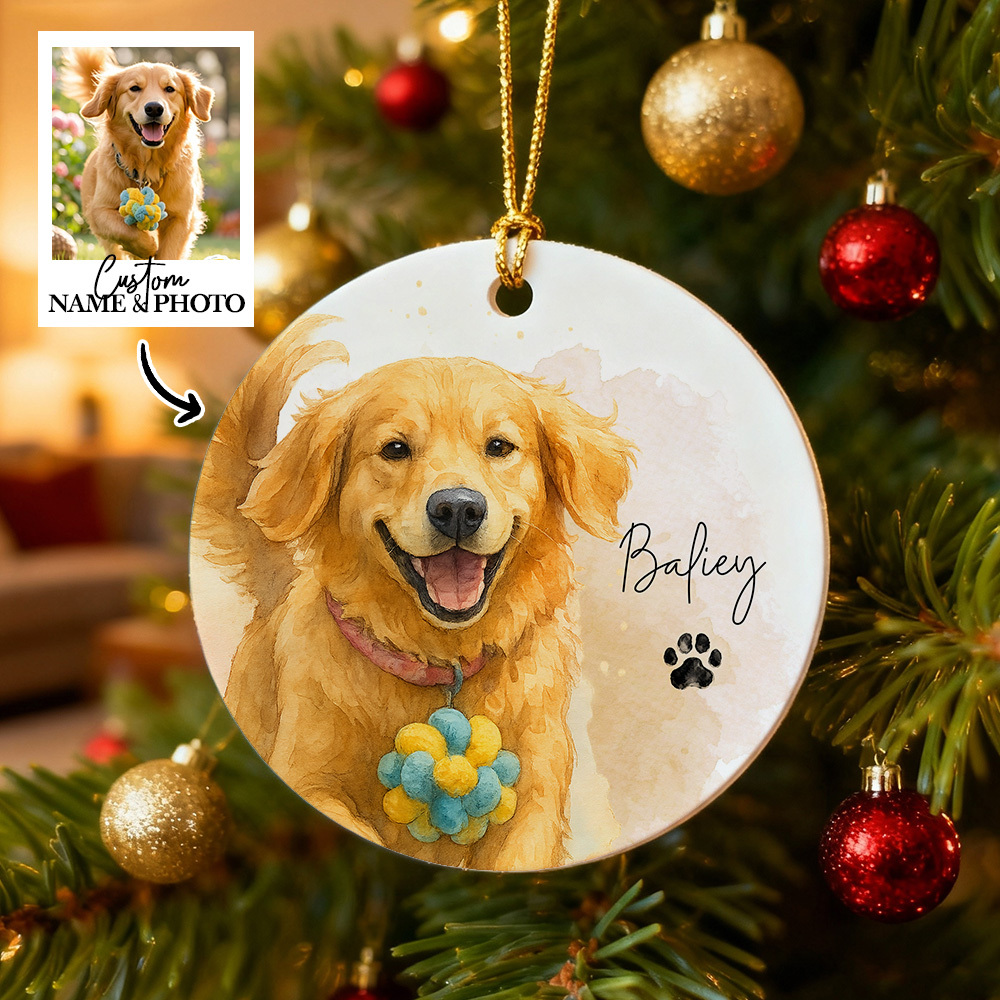 Custom Watercolor Pet Photo Ceramic Ornament Double-Sided Personalized Christmas Pet Ornament Christmas Decoration Gift - MyFaceSocksAU