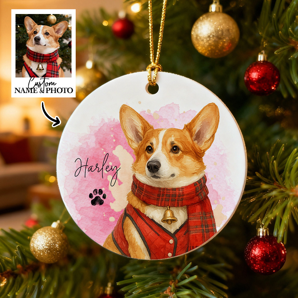 Custom Watercolor Pet Photo Ceramic Ornament Double-Sided Personalized Christmas Pet Ornament Christmas Decoration Gift - MyFaceSocksAU
