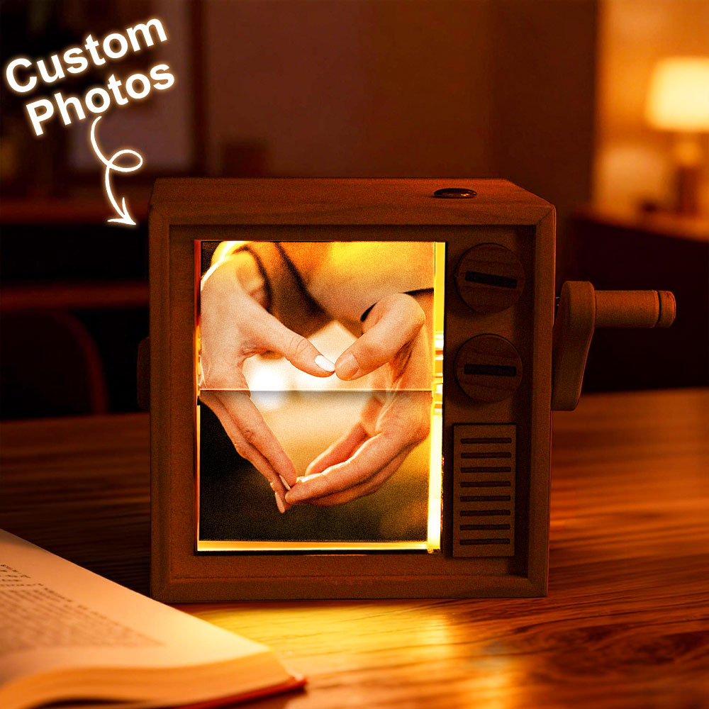 Custom Photo Flipbook Frame Animation Machine Mechanical Hand-cranked Flipbook Box with Light Black Walnut Valentine's Day Gifts - MyFaceSocksAU