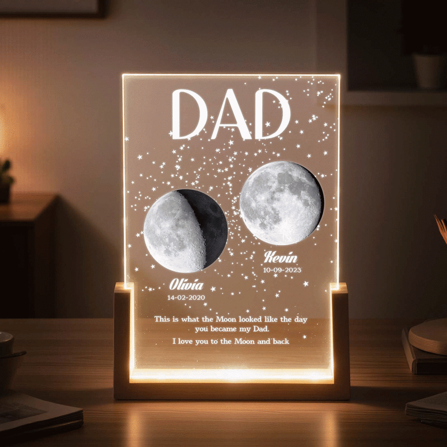 Moon Phase Dad Gift – Personalized Acrylic Plaque Light, Custom Night Sky Gift for Dad, Father’s Day Gift, LED Moon Lamp Keepsake - MyFaceSocksAU